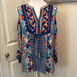 Hale Bob Bohemian Floral Cold Shoulder Top Drop Bell Sleeves New